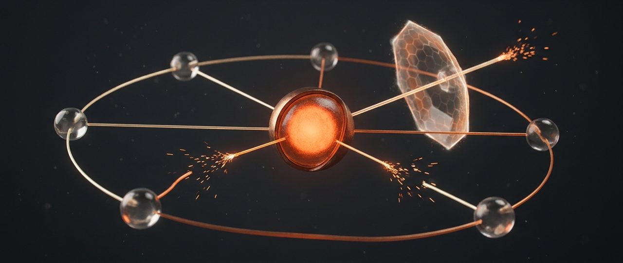 An AI agent at the centre, wired to six systems; two wires cut, one behind a shield